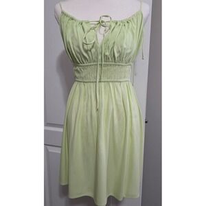Forever 21 Green Smocked Mini Dress Wms S Rayon Tie Shoulder Milkmaid Babydoll